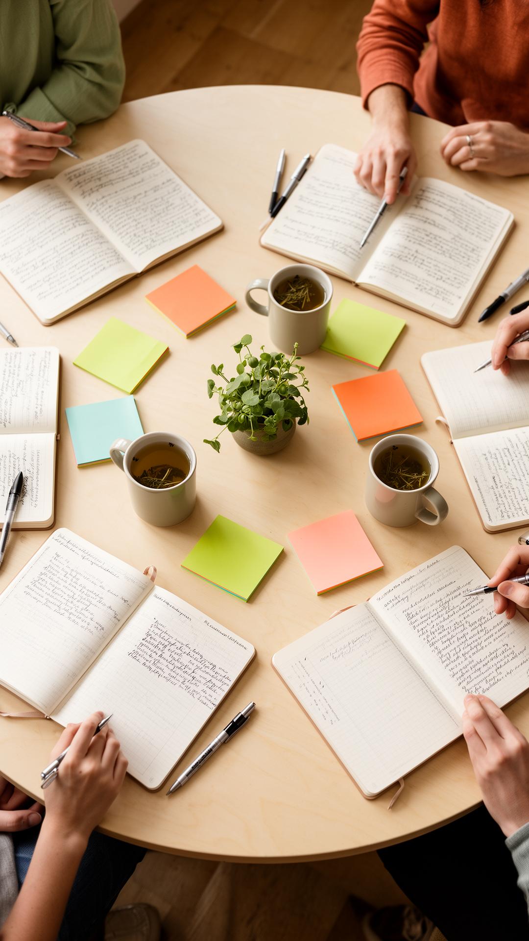 A small-group workshop with worksheets on a wooden table.