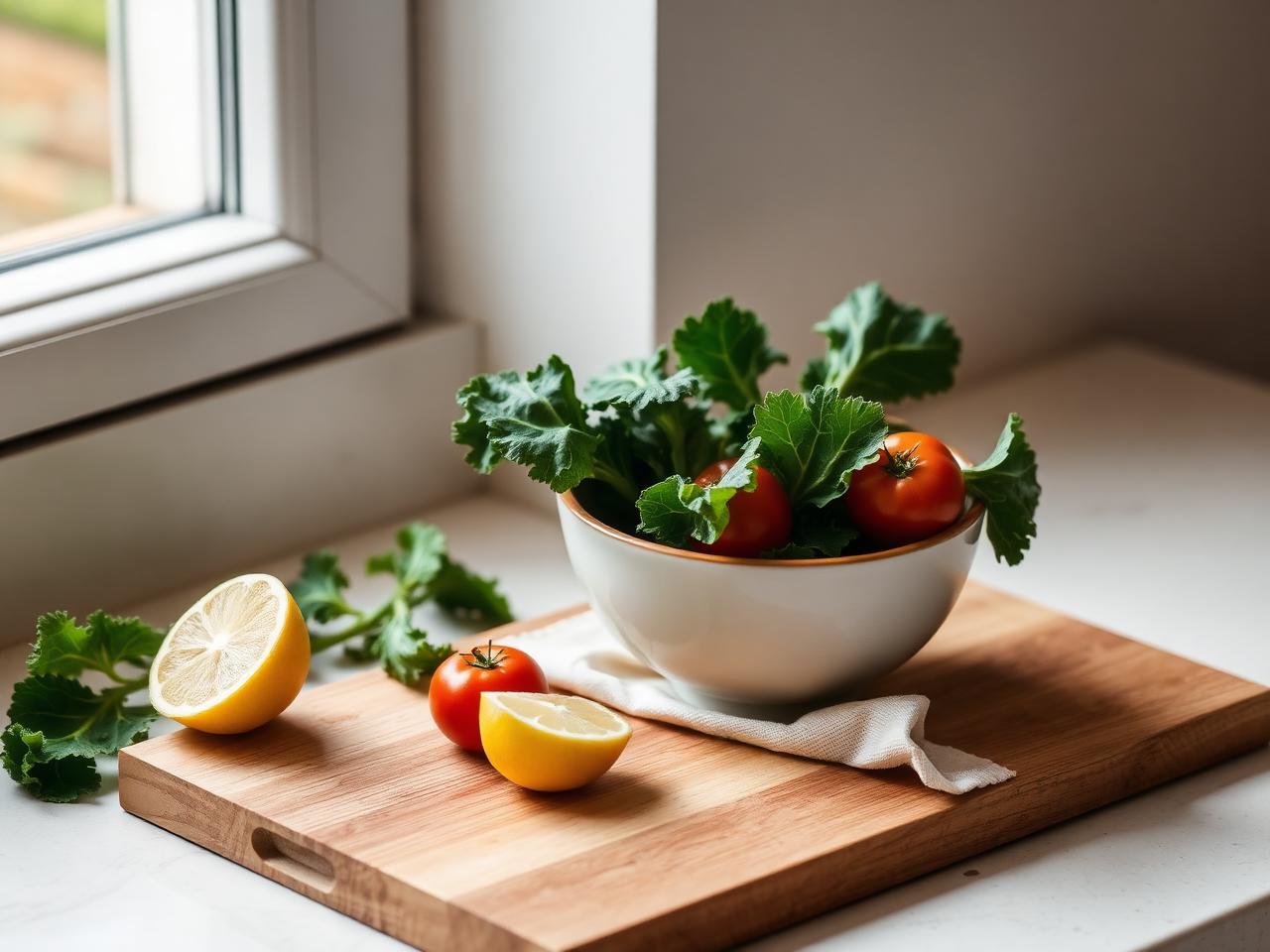 A bowl of fresh greens and tomatoes on a wooden board near a sunlit window.