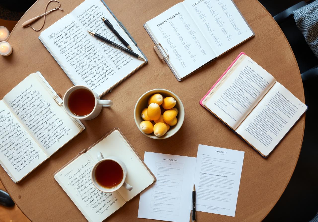 A small-group workshop with worksheets on a wooden table.